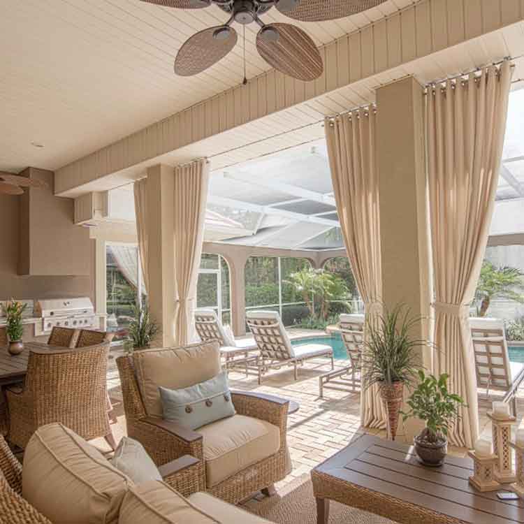 Elegant outdoor drapery designs featured in The Fabric Source gallery for beautiful and functional spaces.