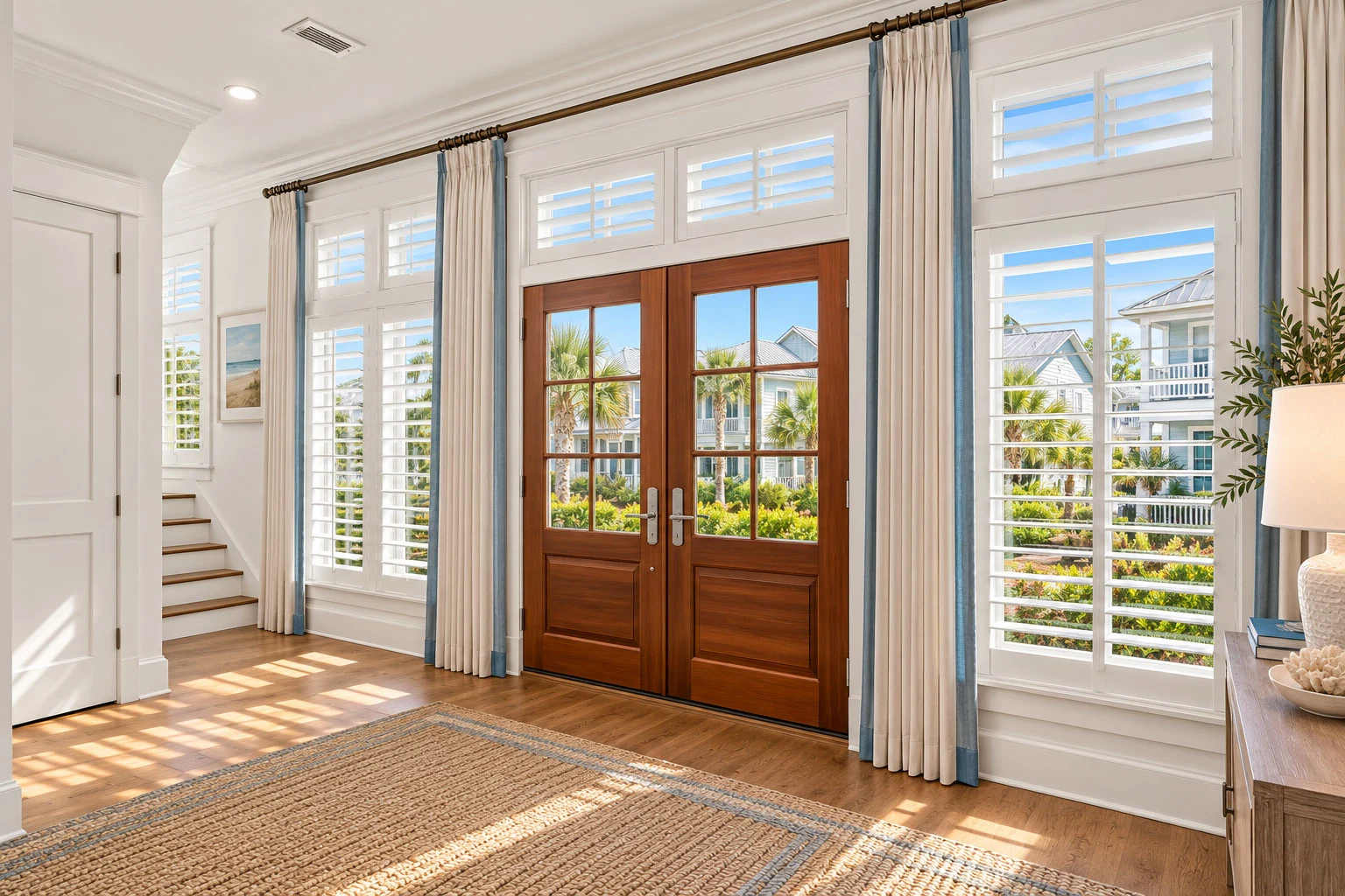 Pale-blue and ivory drapery and white plantation shutters frame wood double doors in a sunlit coastal entry