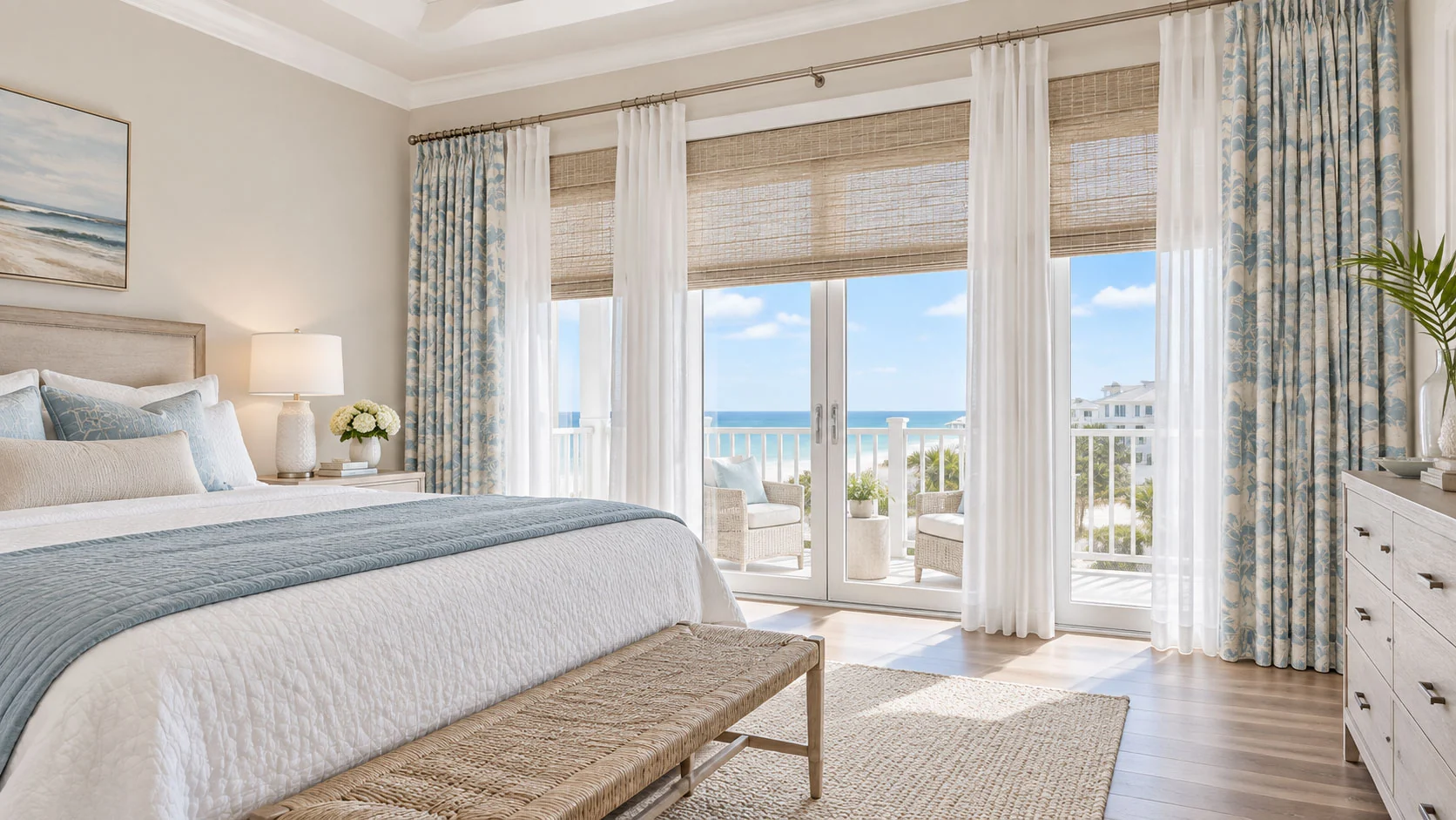 Woven shades, sheer white curtains, and pale-blue patterned drapery frame balcony doors with a turquoise-water view in a coastal bedroom