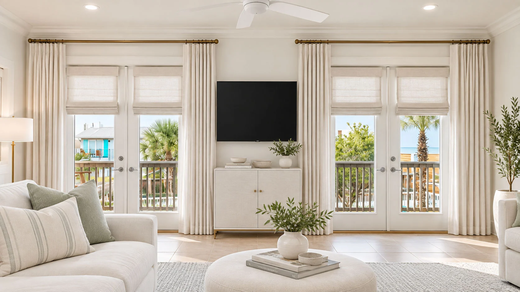 White Roman shades and tailored drapery frame two sets of bright balcony doors in a coastal sitting room