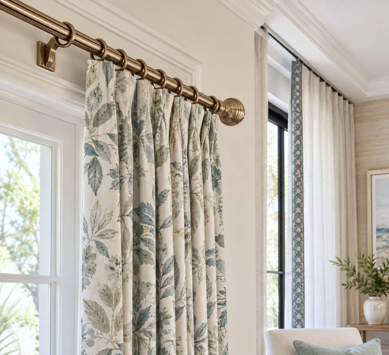 Brass drapery rod, rings, and finial with botanical fabric panels
