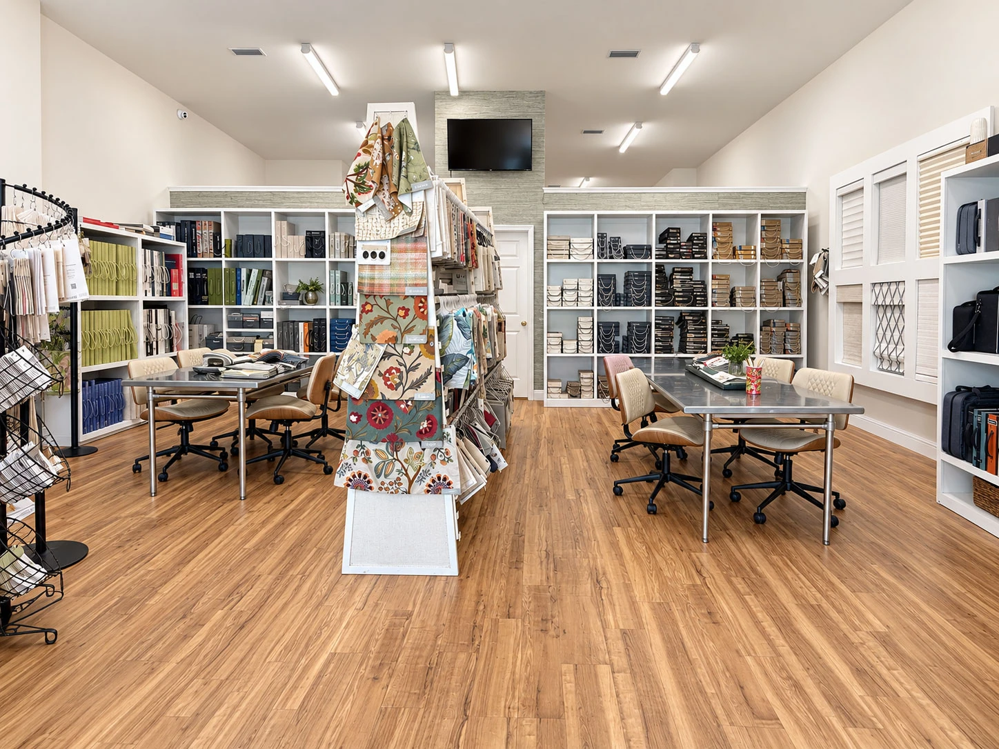 Textile and shade samples arranged around two consultation tables in a design showroom