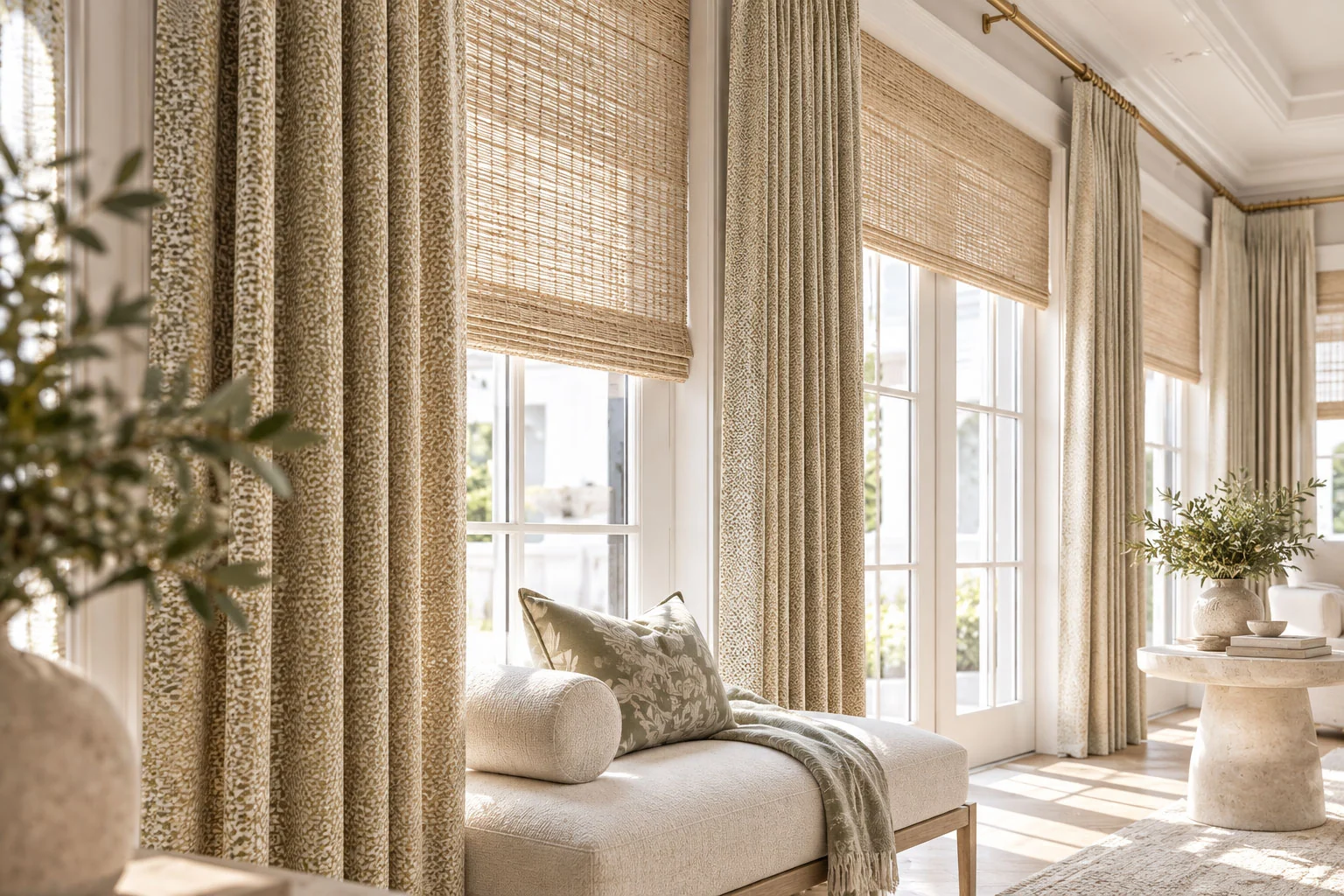 Textured neutral drapery and woven Roman shades soften sunlit windows and French doors beside a chaise lounge