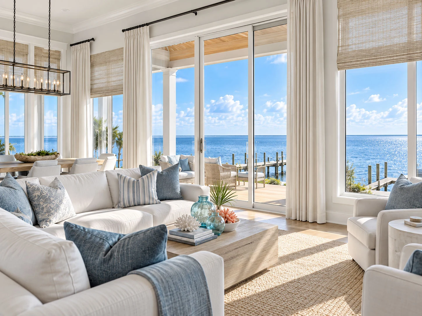 White drapery and woven shades frame tall waterfront windows and sliding doors in a bright coastal living room