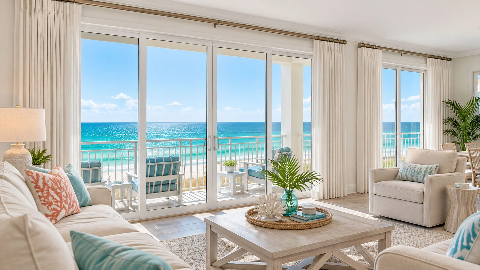 Full-height white drapery framing broad glass doors and a turquoise-water balcony view in a coastal living room