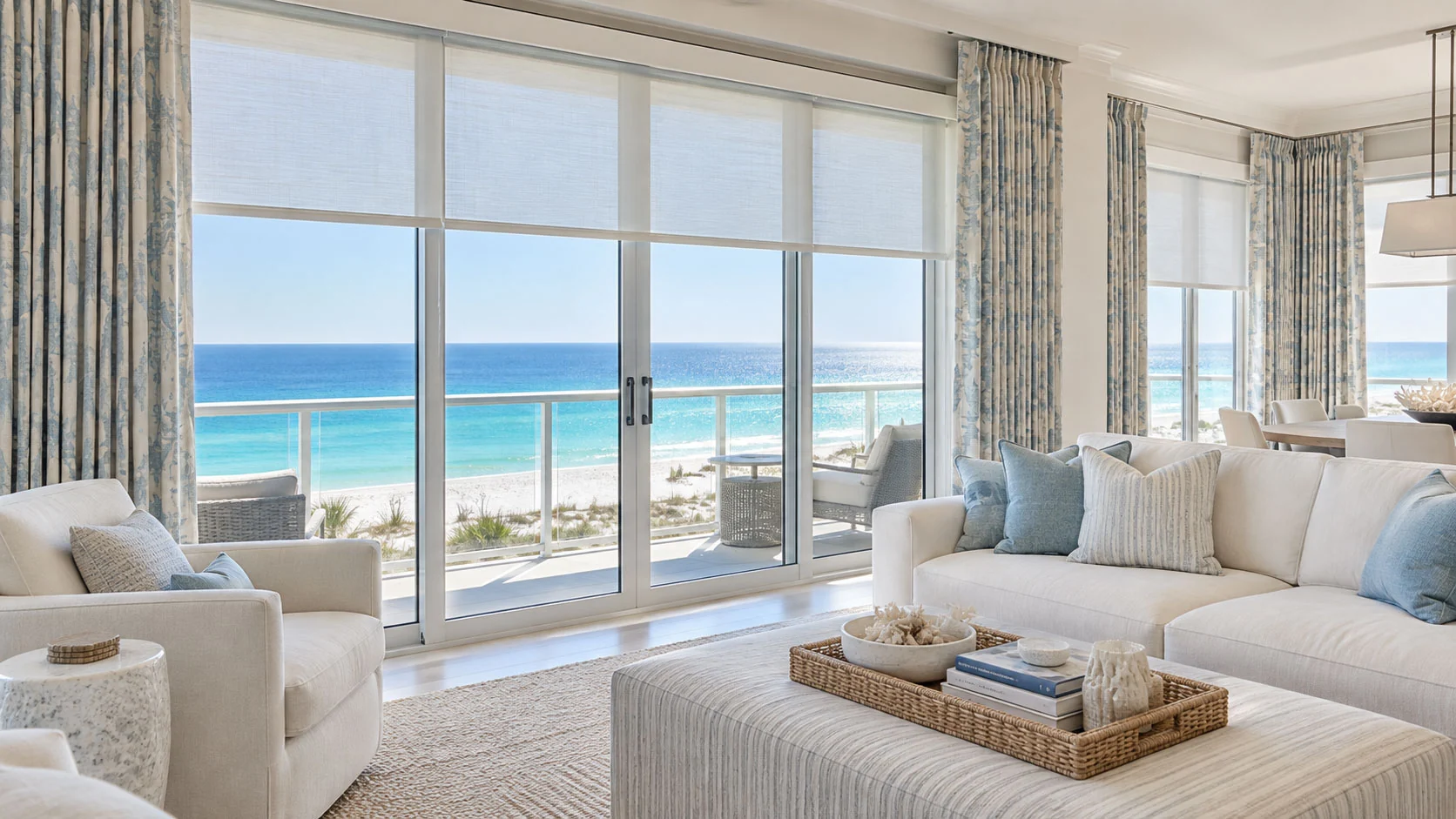 Light-filtering roller shades and tailored blue-patterned drapery frame broad Gulf-facing glass doors in a bright coastal living room