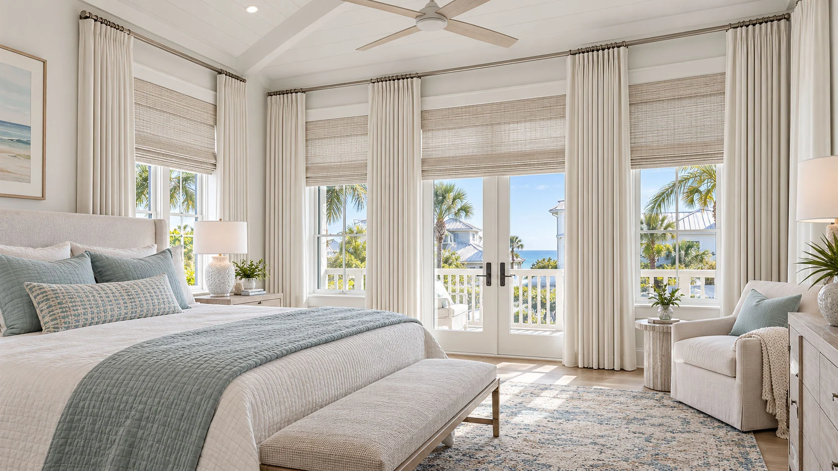 Woven Roman shades and floor-length white drapery frame balcony doors and bedroom windows with a glimpse of blue water