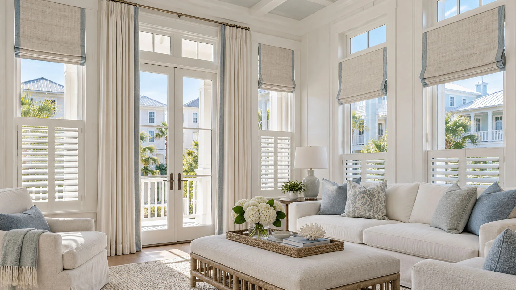 Textured Roman shades, lower-window white shutters, and soft ivory drapery around French doors in a coastal sitting room