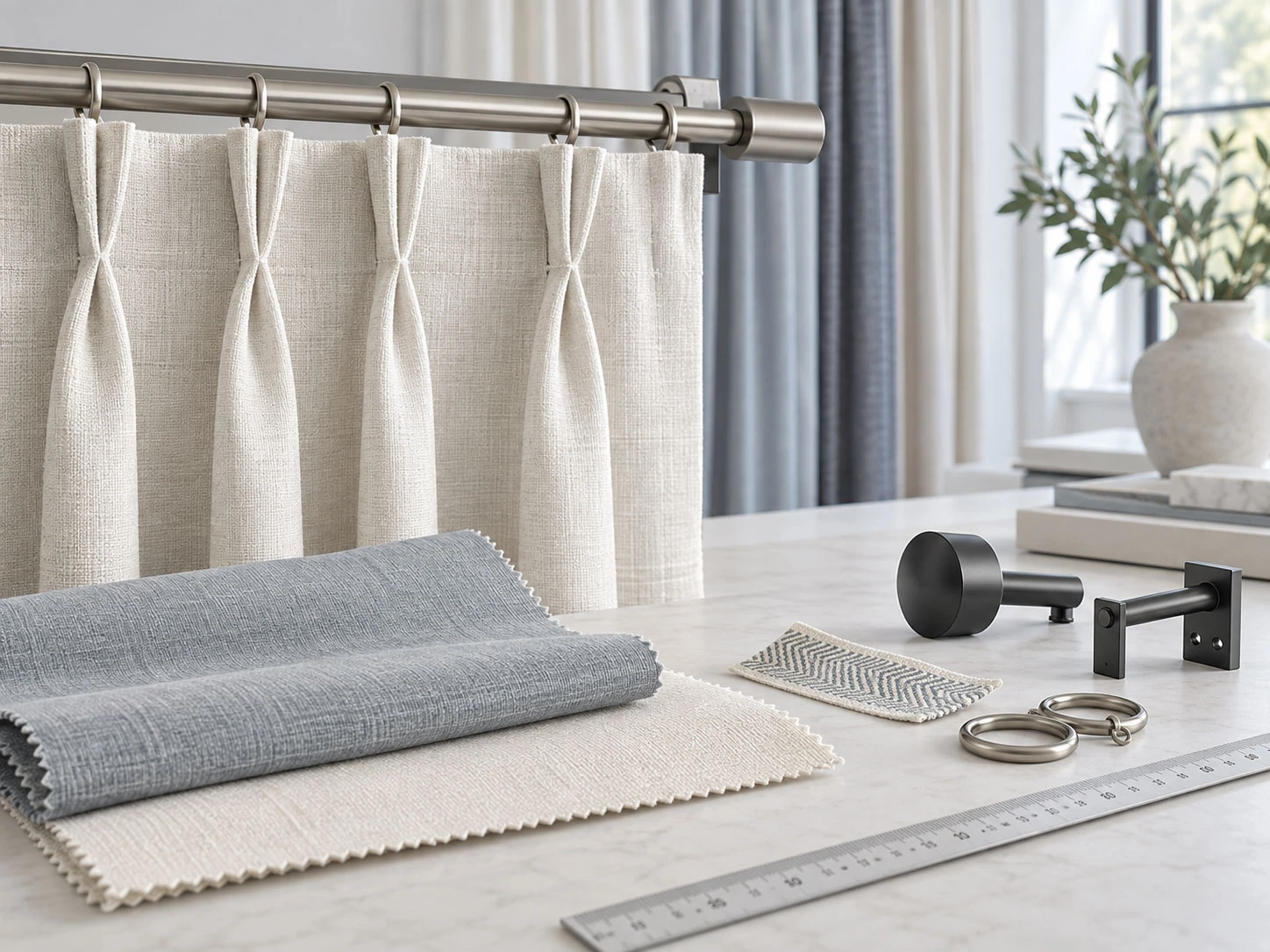 Drapery rod components, tailored pleats, fabric samples, and measuring ruler arranged for specification