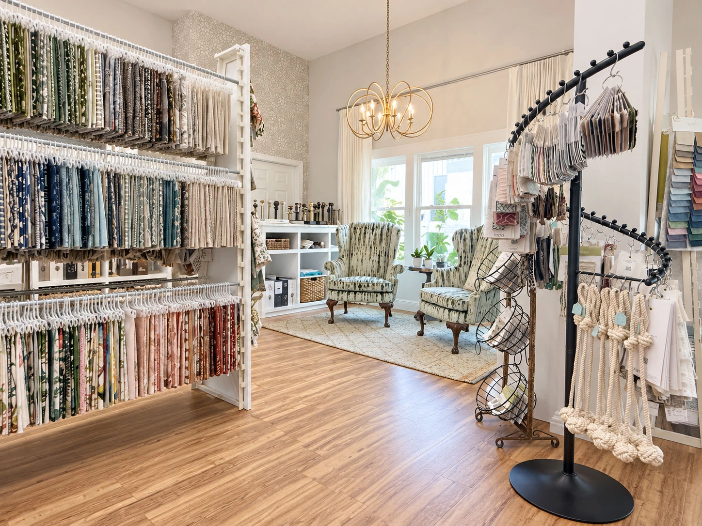 Fabric sample racks, hardware displays, and seating inside a textile showroom