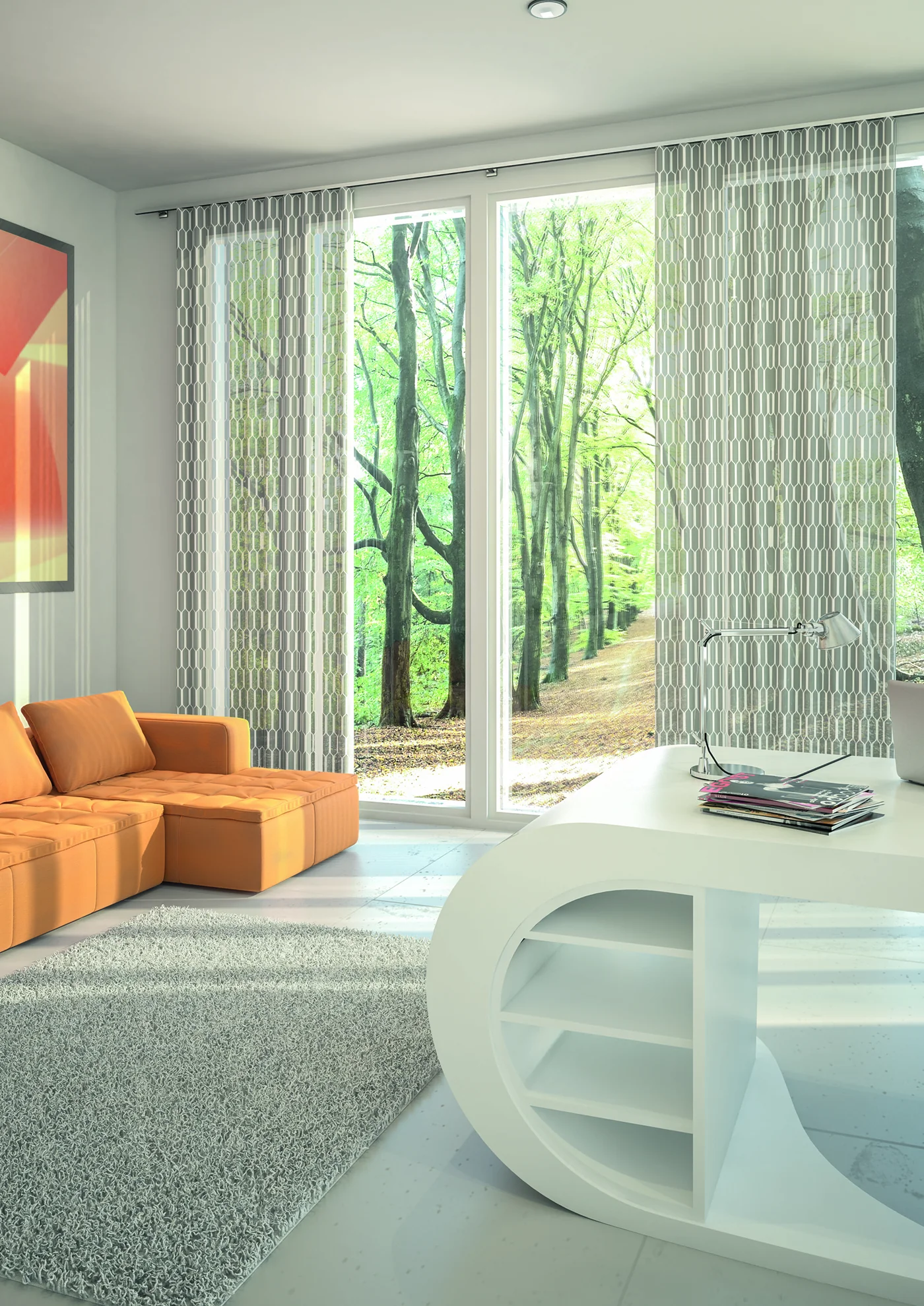 Forest Frankfurt chrome drapery rail above patterned neutral sheers in a contemporary room setting