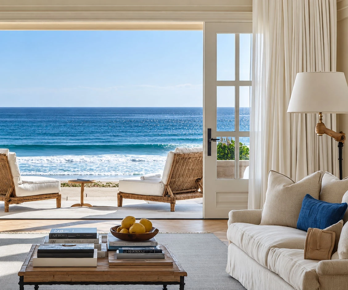 Gulf view framed by light drapery in a comfortable coastal living room