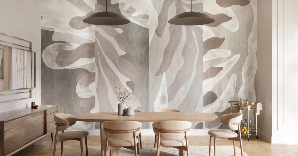 Sculptural patterned wallcovering in an Innovations dining-room setting