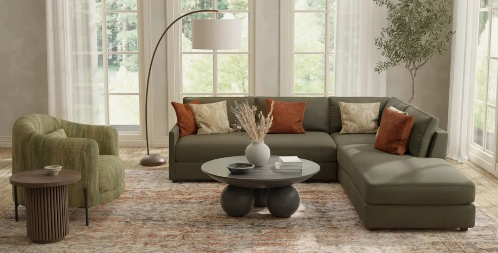 Neutral upholstery and curtains in a Maxwell Fabrics living-room interior
