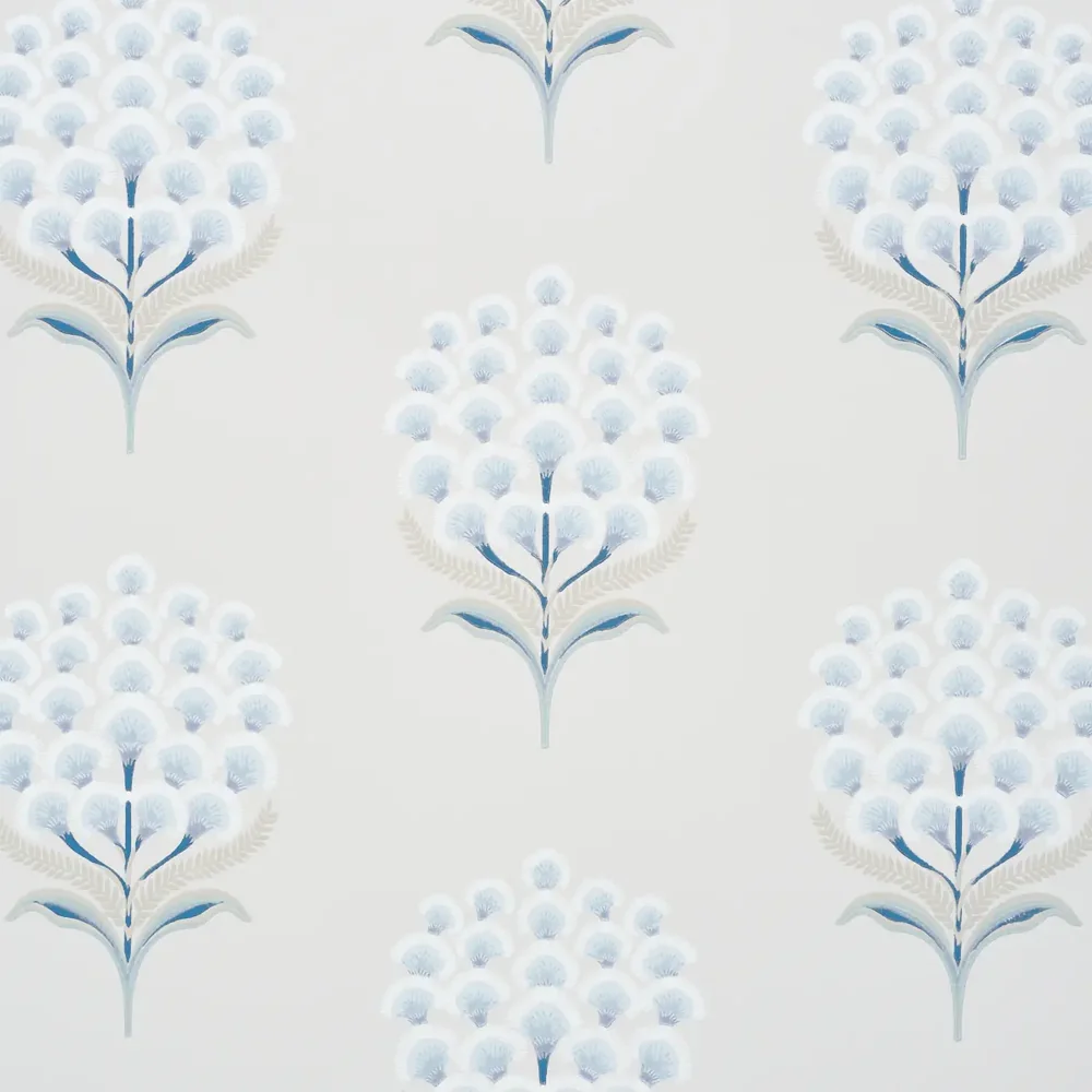 Schumacher Aurelia wallpaper in Porcelain, with pale blue botanical motifs on a light ground