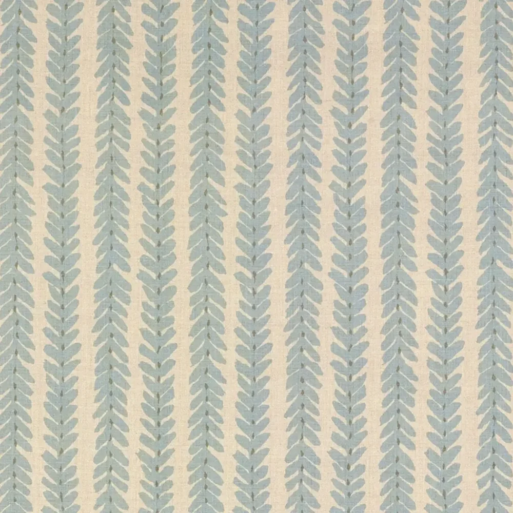 Schumacher Woodperry fabric with vertical pale blue leafy stripes on a natural linen ground