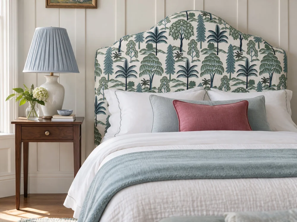 Patterned upholstered headboard and bedding in a Stout Textiles bedroom setting